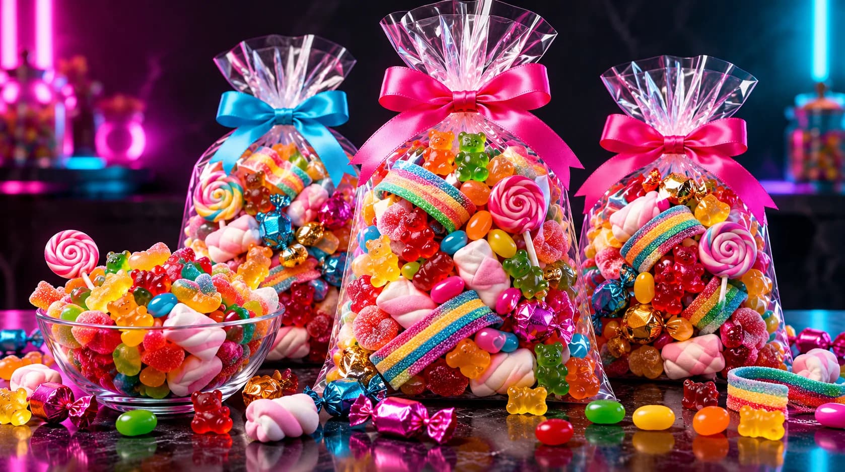 Bolsas de cumpleaños rebosantes de caramelos, gominolas y piruletas