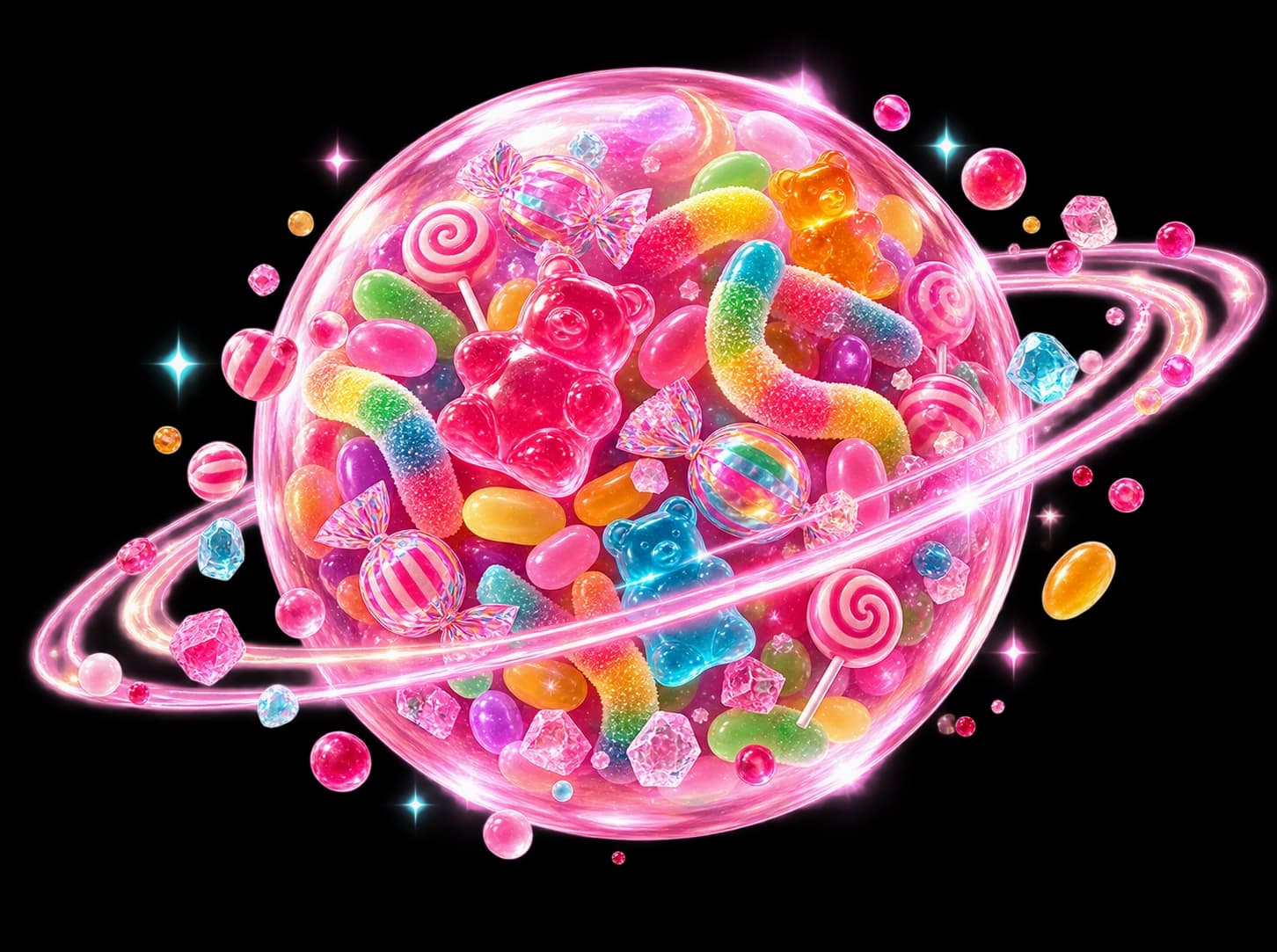 Un planeta rosa de cristal lleno de ositos, gominolas, caramelos y piruletas